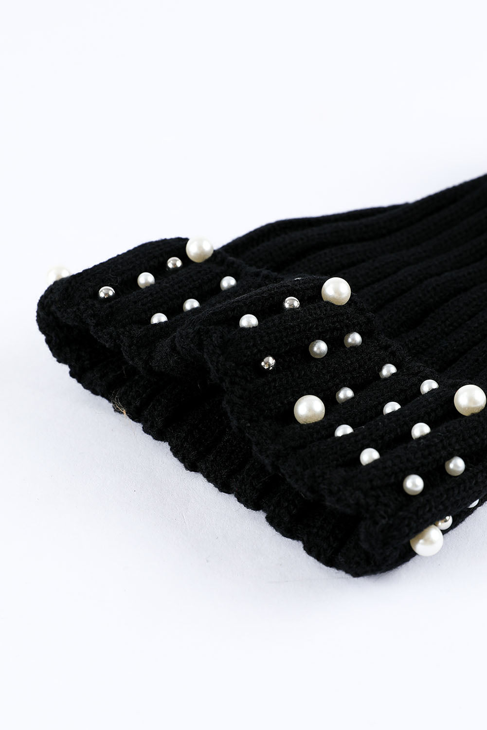 Black Faux Pearl & Pompom Decor Cuff Beanie
