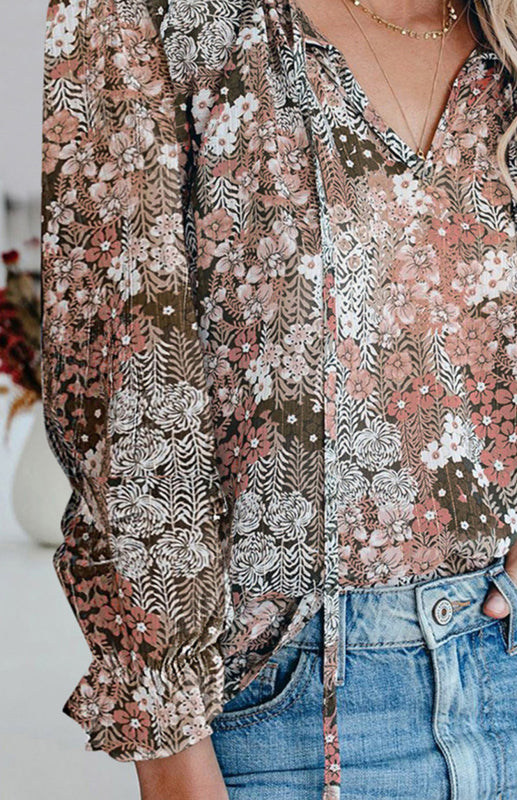 Ladies Casual Fashion Printed Shirts V Neck Long Sleeves