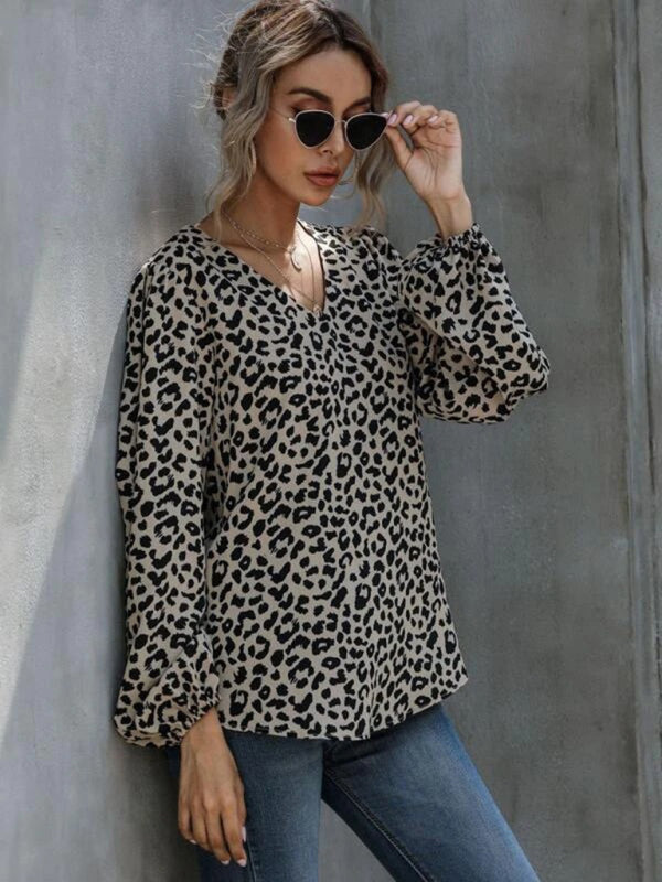 New Puff Sleeve Leopard Casual V-Neck Loose Long-sleeved Top