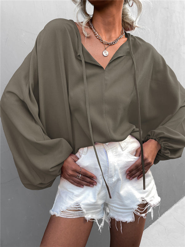 Women's Woven Balloon Sleeve Tie V-Neck Loose Casual Shirt