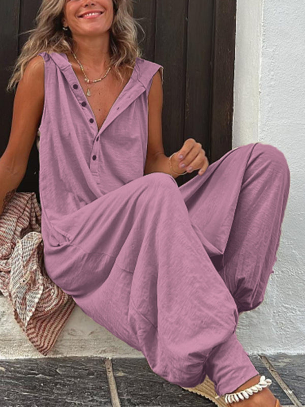 Women's Solid Color Button Hooded Sleeveless Trousers Jumpsuit