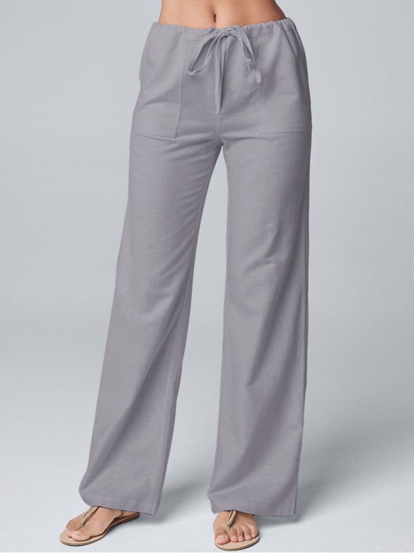 Women's Solid Color Loose Lace Cotton Linen Straight Casual Trousers
