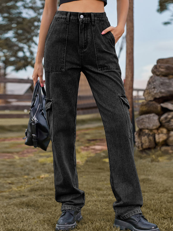 New Washed Semi Elastic Design Personalized Denim Workwear Casual Pants