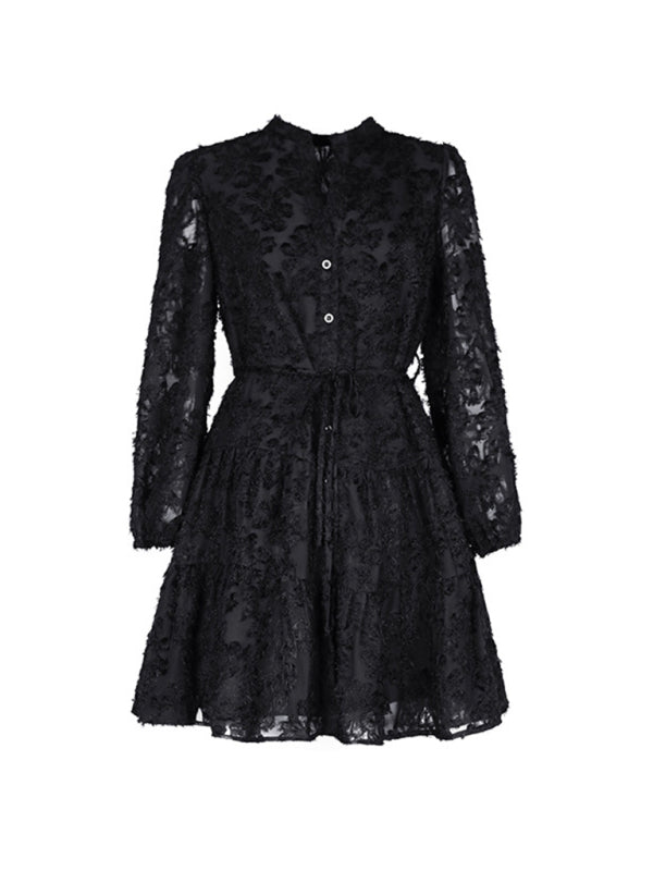 Women's new solid color three-dimensional jacquard long-sleeved round neck dress