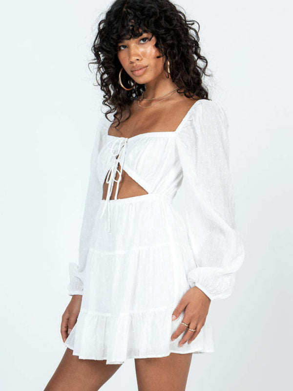 Women's elegant square-neck long-sleeved lace-up hollow short white dress