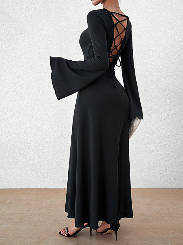 Women's backless lace-up bell sleeve dress