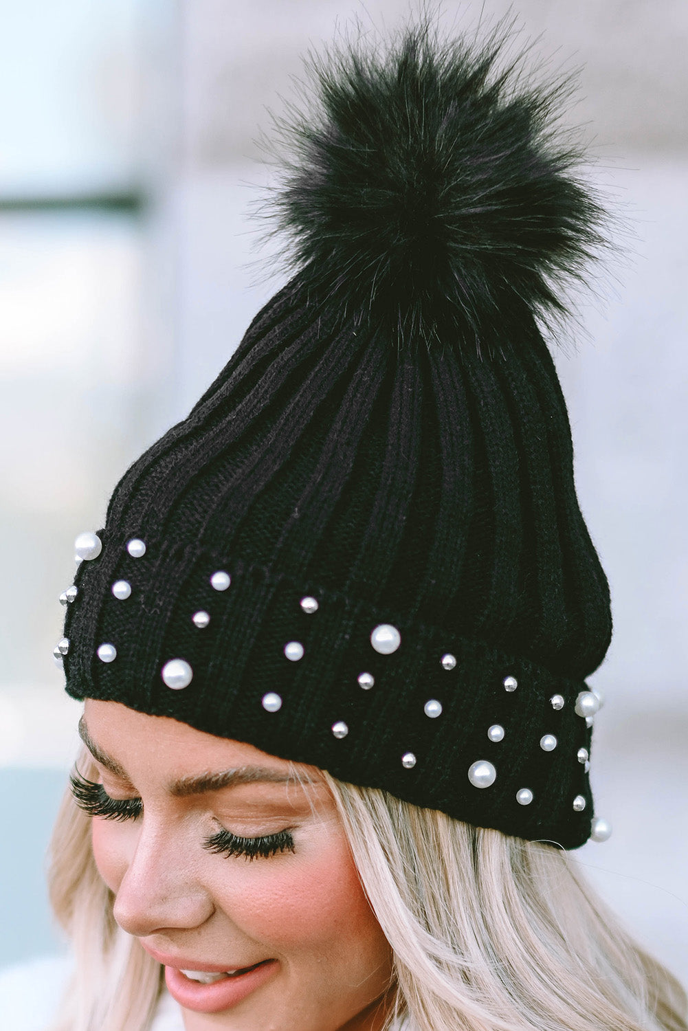 Black Faux Pearl & Pompom Decor Cuff Beanie