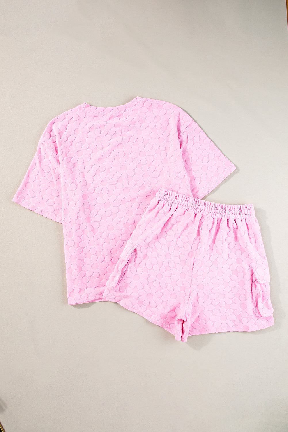 Pink Floral Textured Short Sleeve Top and Shorts Lounge Set