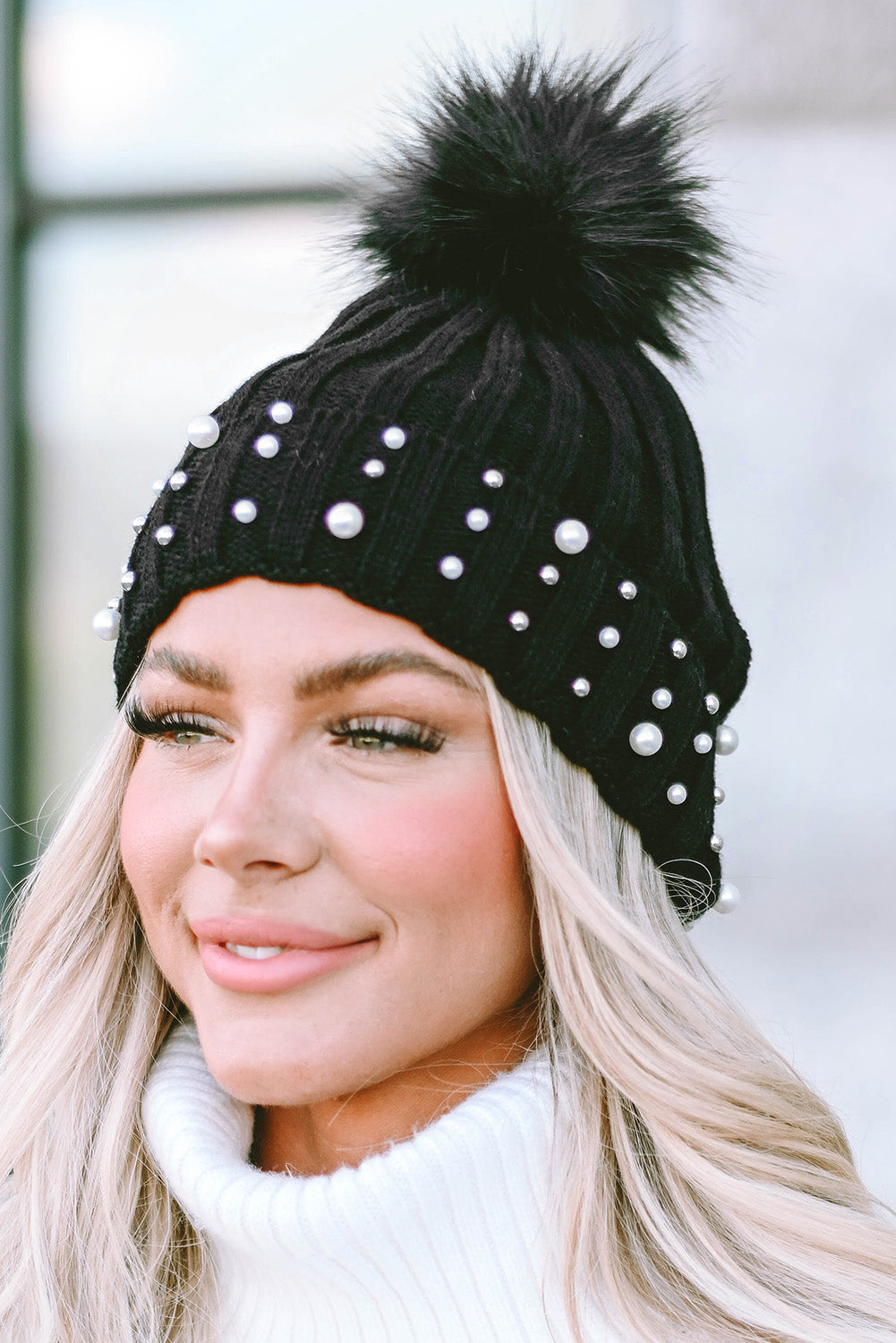 Black Faux Pearl & Pompom Decor Cuff Beanie
