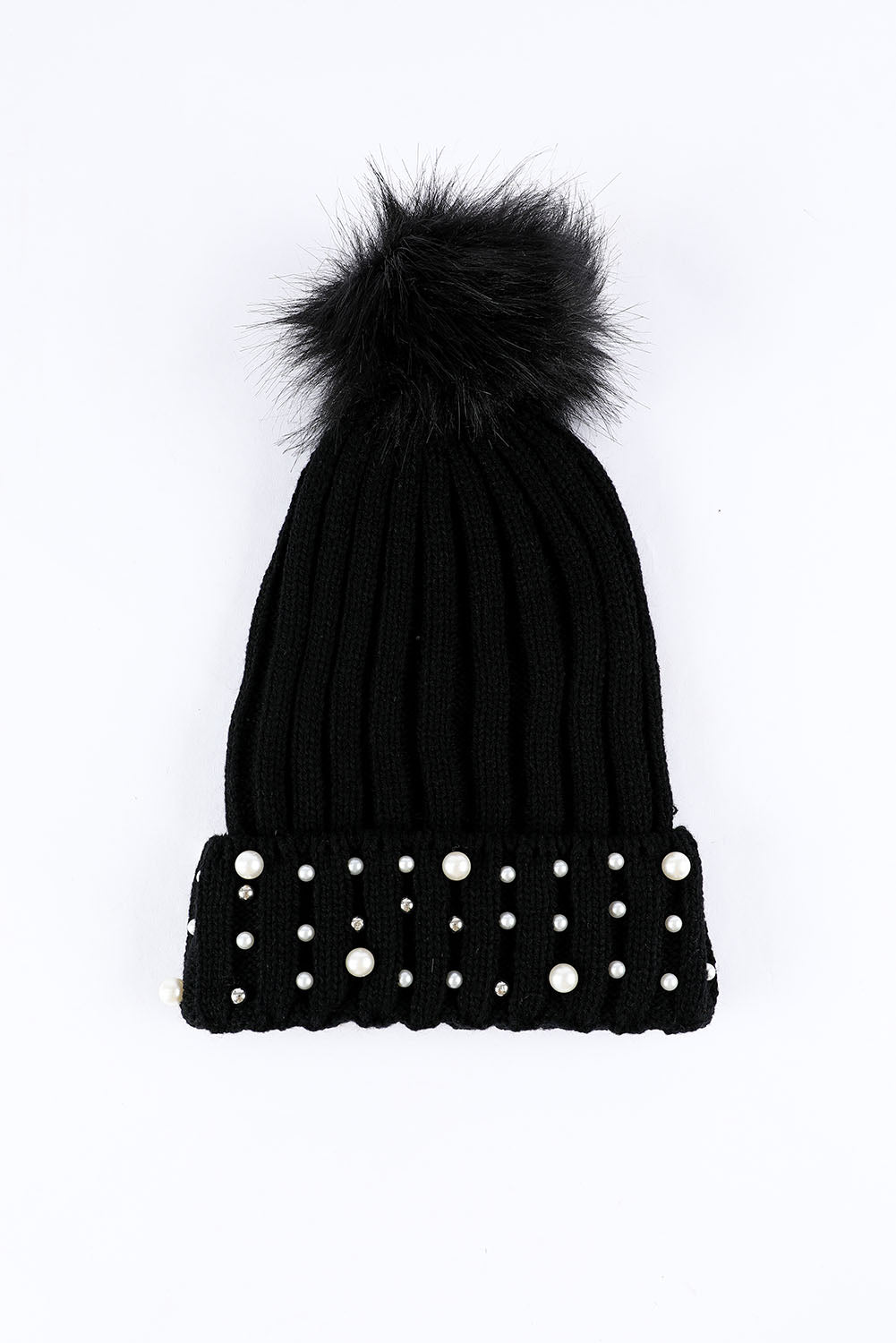 Black Faux Pearl & Pompom Decor Cuff Beanie