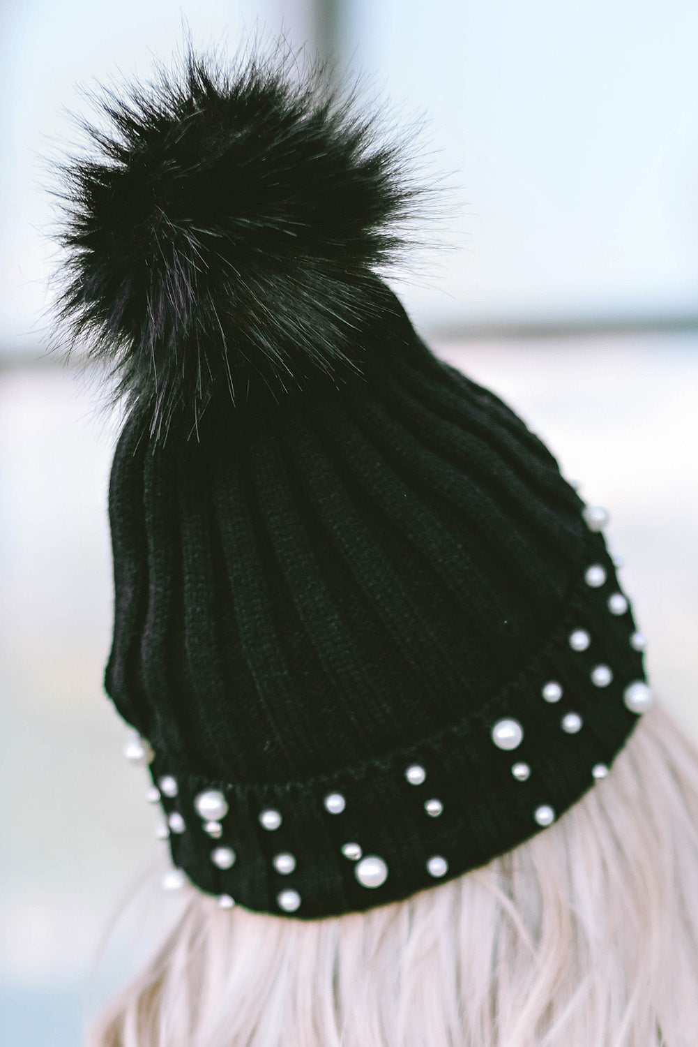 Black Faux Pearl & Pompom Decor Cuff Beanie