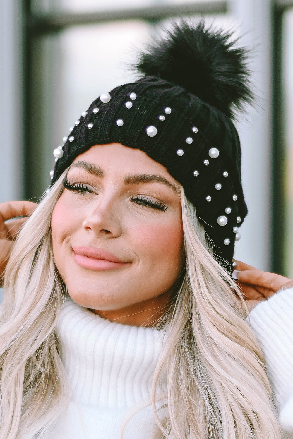 Black Faux Pearl & Pompom Decor Cuff Beanie