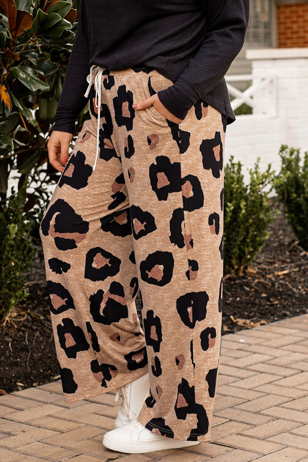Light French Beige Leopard Print Drawstring Wide Leg Plus Size Lounge Pants