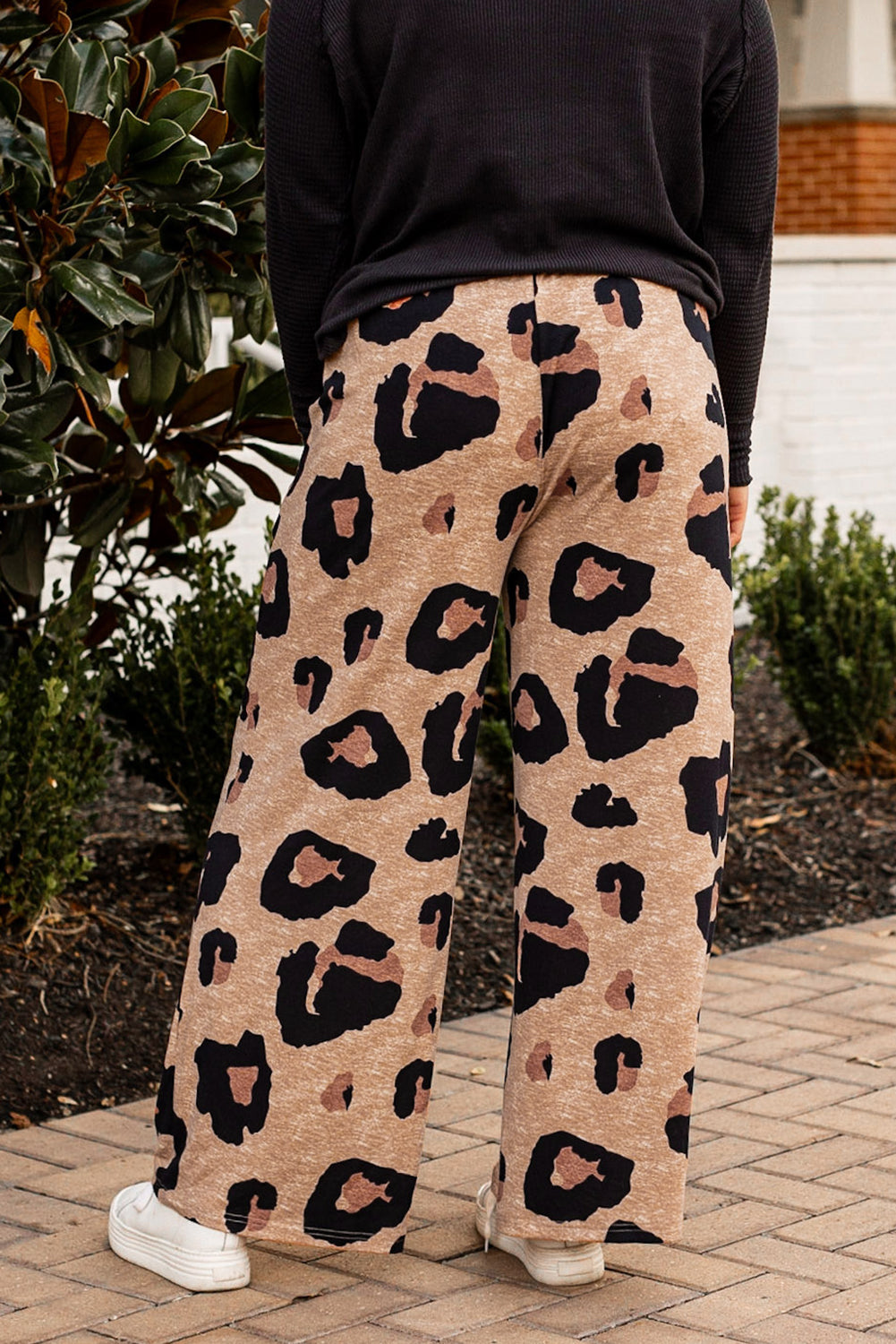Light French Beige Leopard Print Drawstring Wide Leg Plus Size Lounge Pants