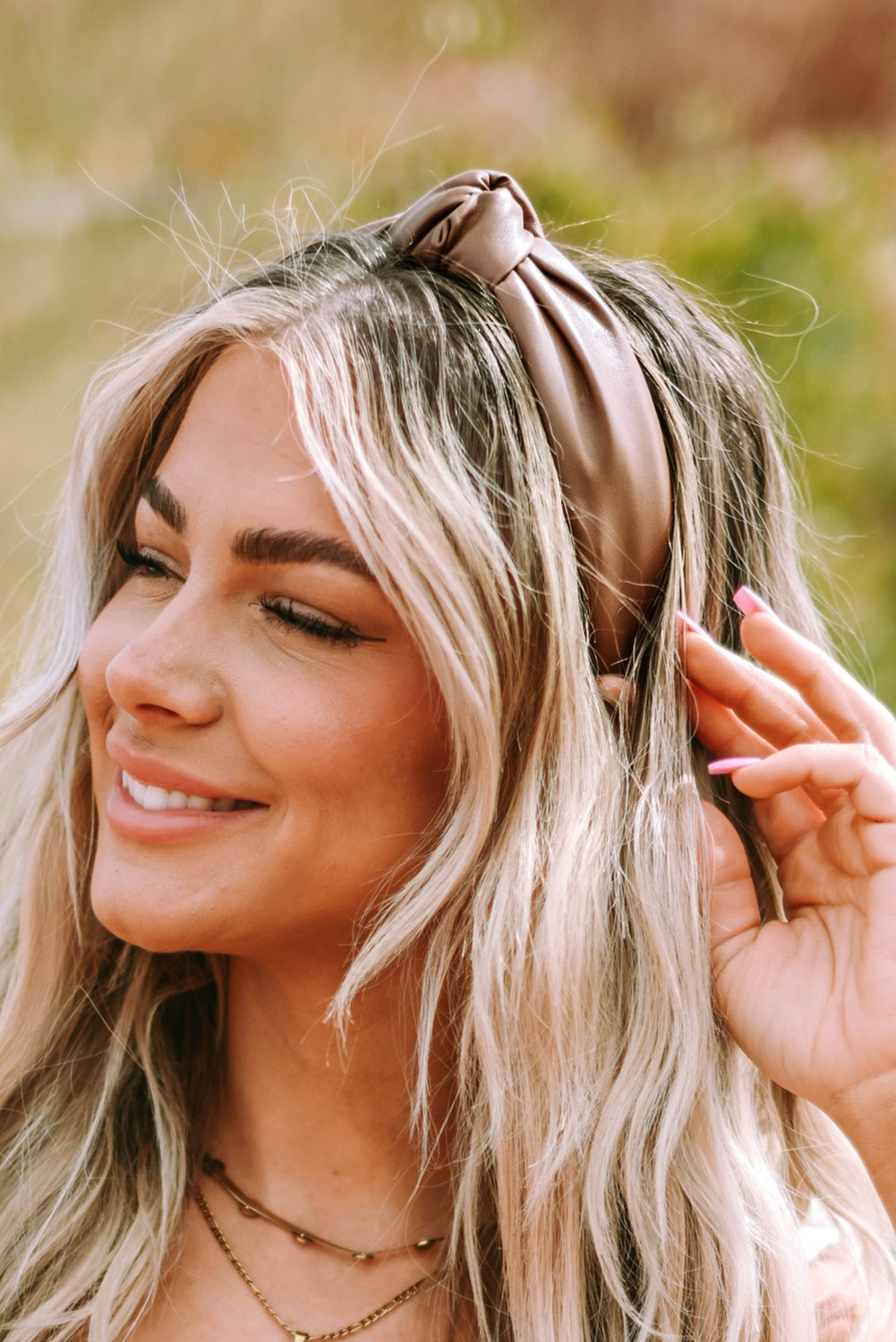 Brown Solid PU Leather Knotted Hair Band