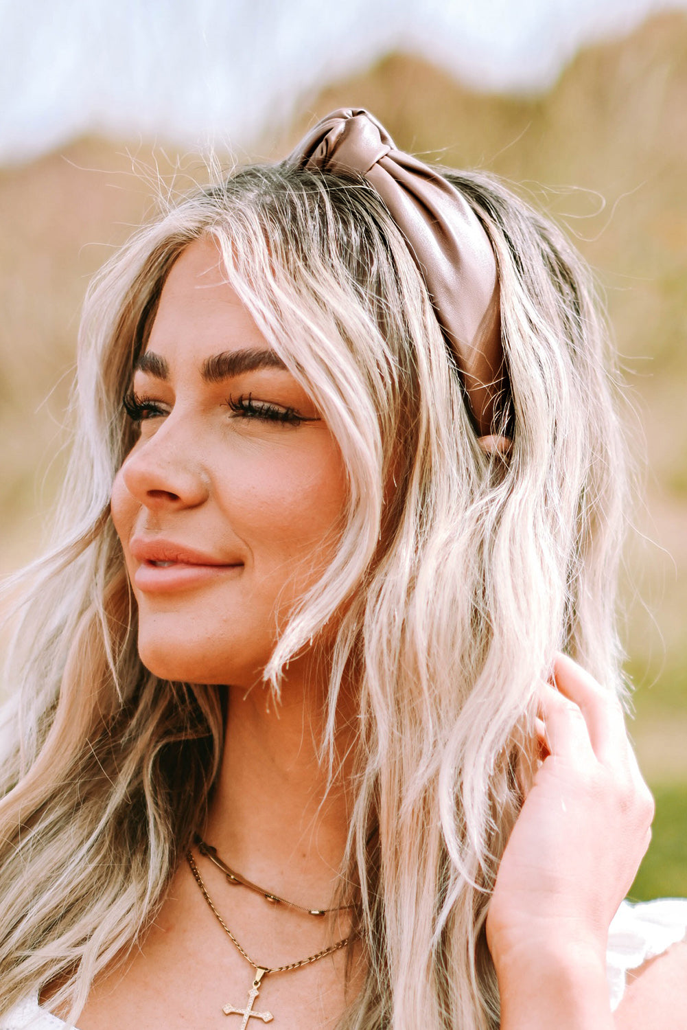 Brown Solid PU Leather Knotted Hair Band