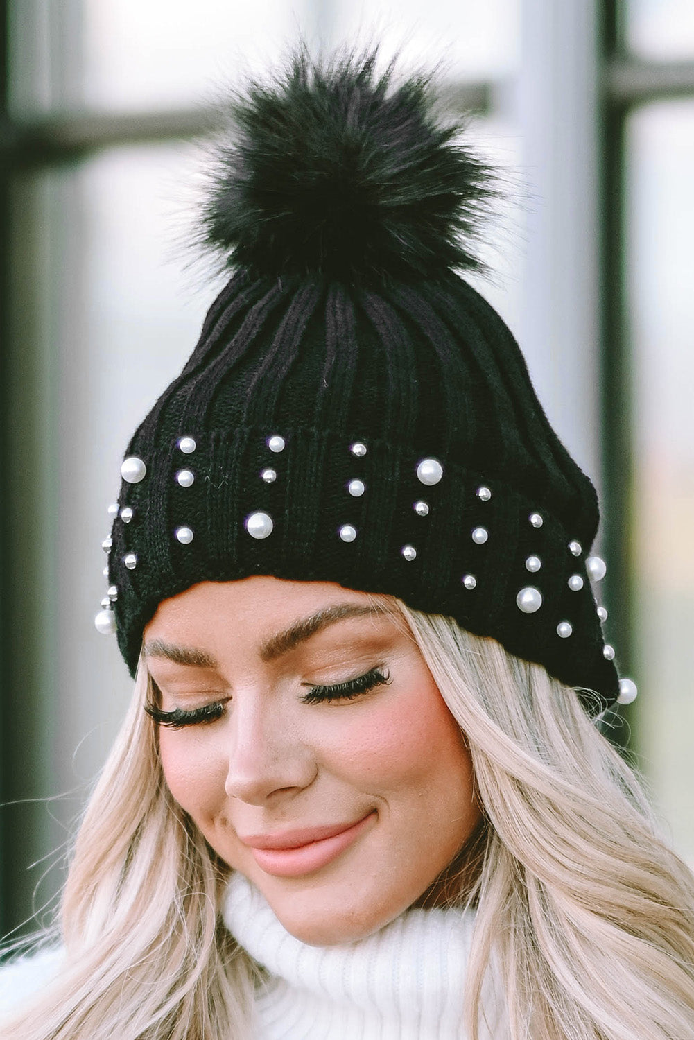 Black Faux Pearl & Pompom Decor Cuff Beanie