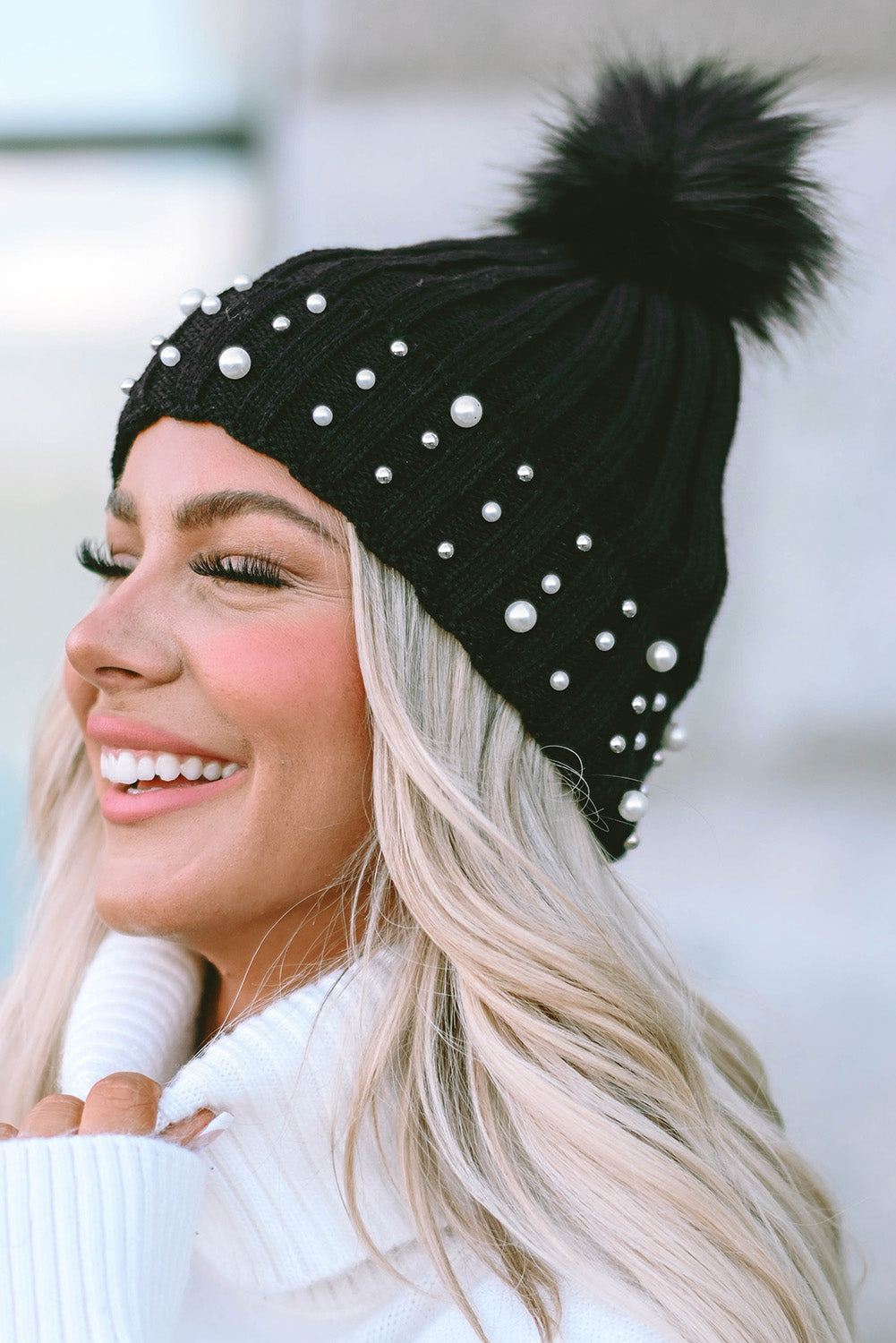 Black Faux Pearl & Pompom Decor Cuff Beanie