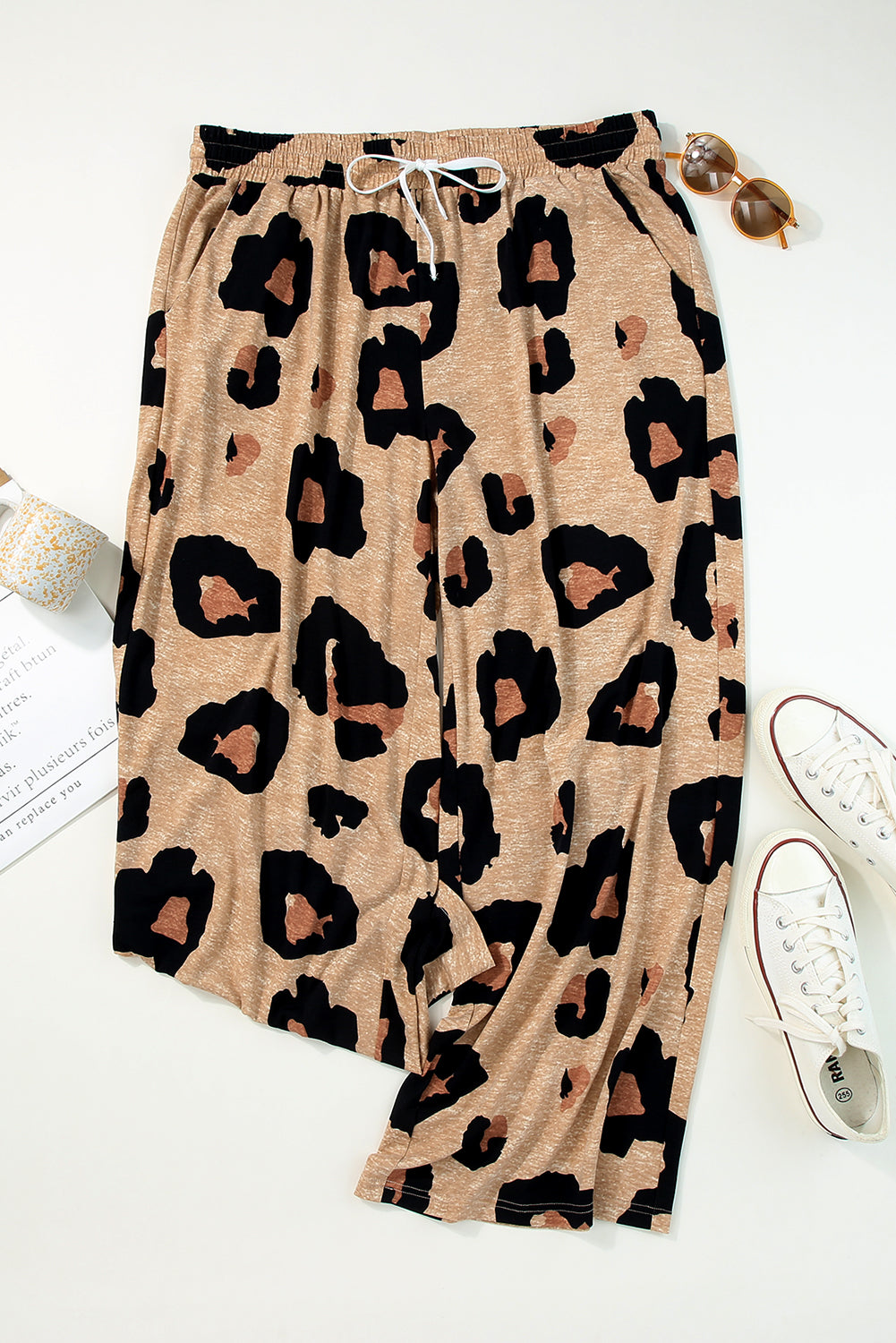 Light French Beige Leopard Print Drawstring Wide Leg Plus Size Lounge Pants