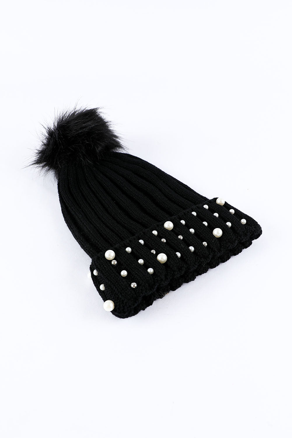 Black Faux Pearl & Pompom Decor Cuff Beanie