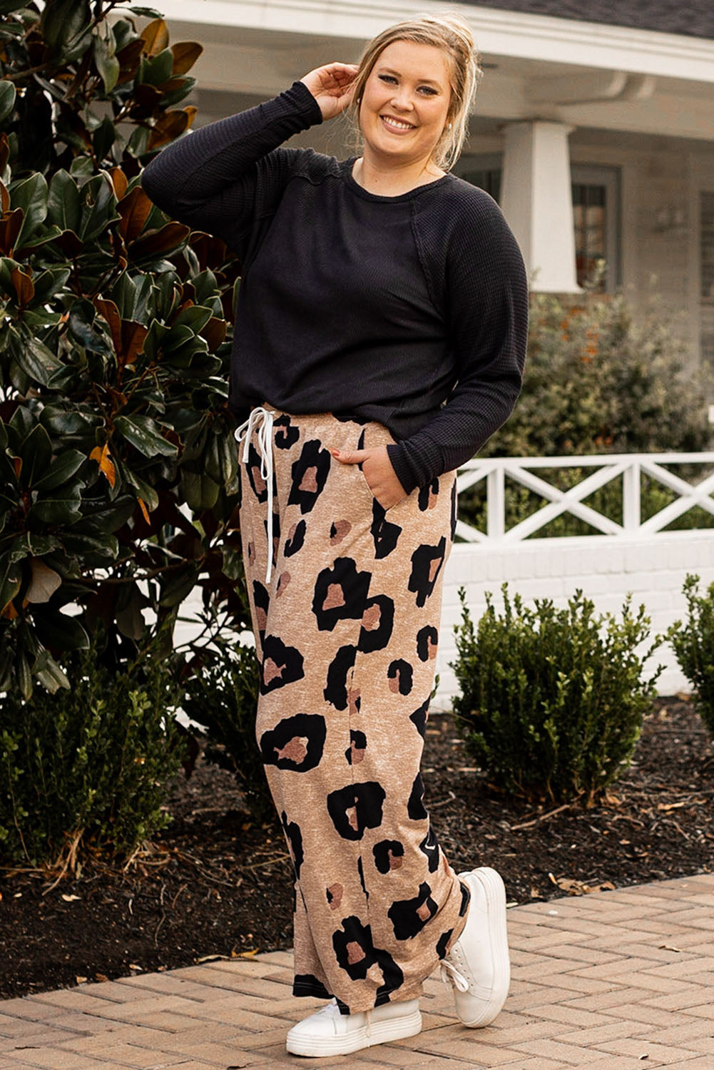Light French Beige Leopard Print Drawstring Wide Leg Plus Size Lounge Pants