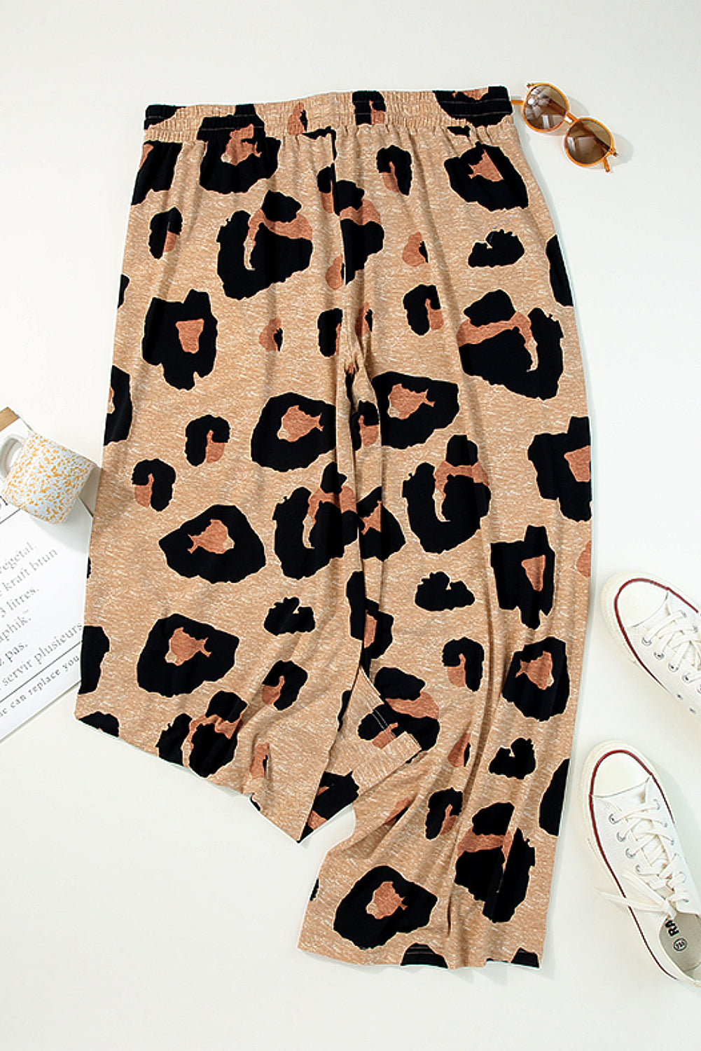 Light French Beige Leopard Print Drawstring Wide Leg Plus Size Lounge Pants