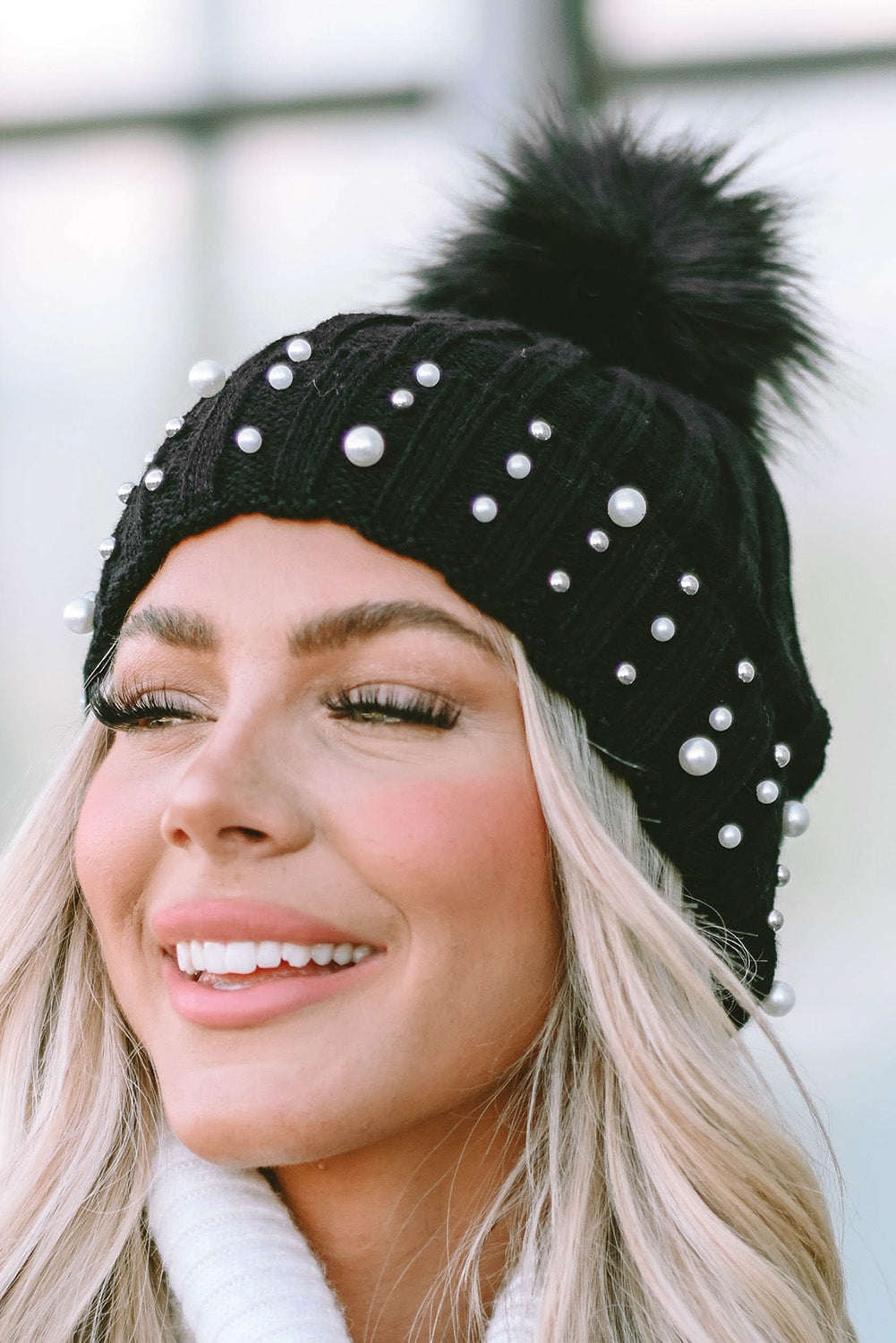 Black Faux Pearl & Pompom Decor Cuff Beanie
