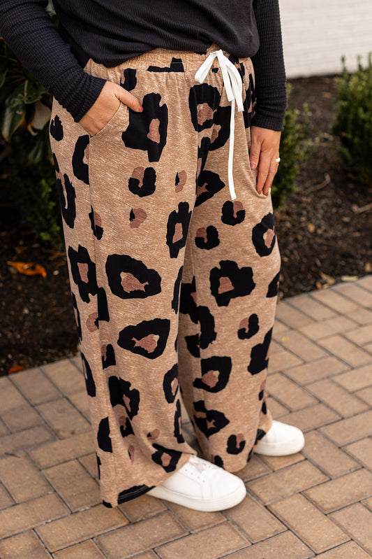 Light French Beige Leopard Print Drawstring Wide Leg Plus Size Lounge Pants
