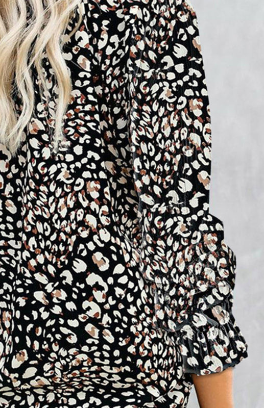 Ladies Casual Fashion Printed Shirts V Neck Long Sleeves