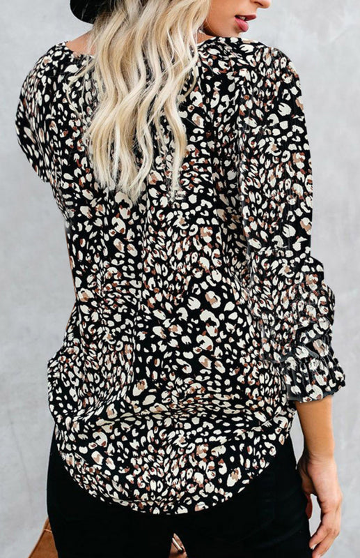 Ladies Casual Fashion Printed Shirts V Neck Long Sleeves