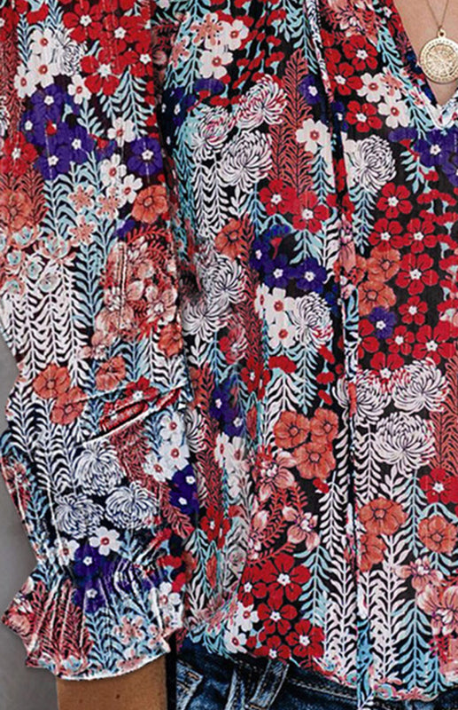 Ladies Casual Fashion Printed Shirts V Neck Long Sleeves