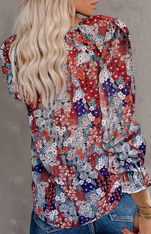Ladies Casual Fashion Printed Shirts V Neck Long Sleeves