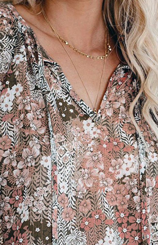 Ladies Casual Fashion Printed Shirts V Neck Long Sleeves