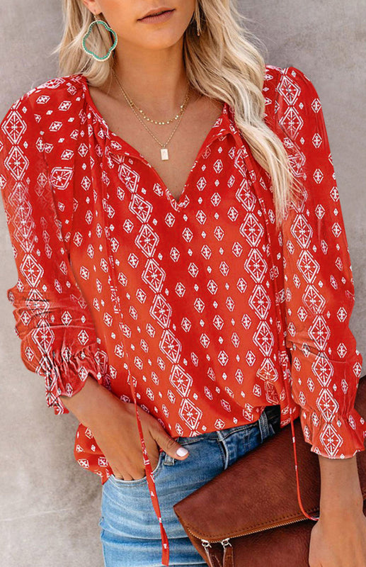 Ladies Casual Fashion Printed Shirts V Neck Long Sleeves