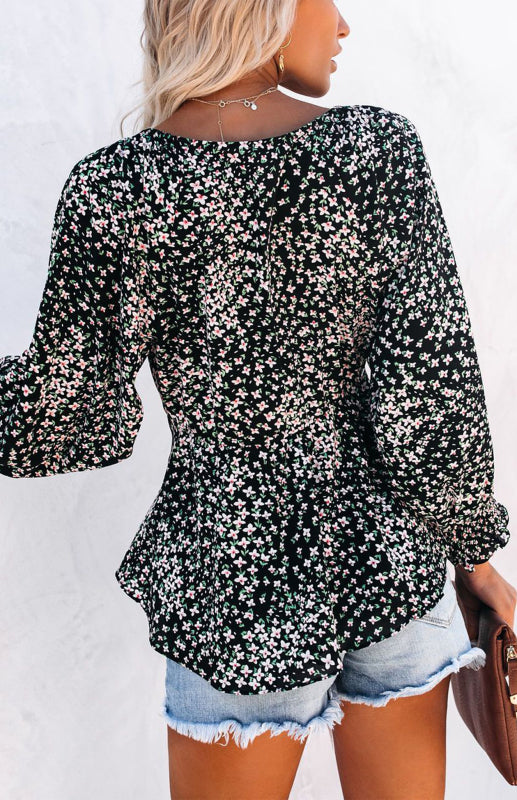 Women's Floral Print V-Neck Tie Waist Long Sleeve Shirt