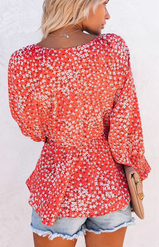 Women's Floral Print V-Neck Tie Waist Long Sleeve Shirt