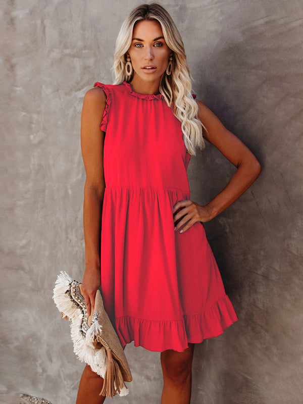 Women's Solid Color Ruffled Waist Dress
