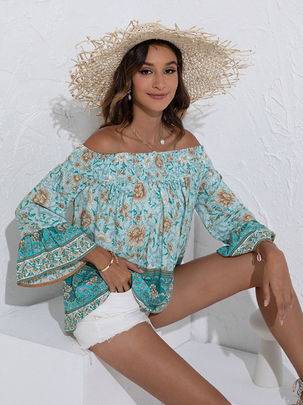 Women's One Shoulder  Floral Flared Sleeve Top