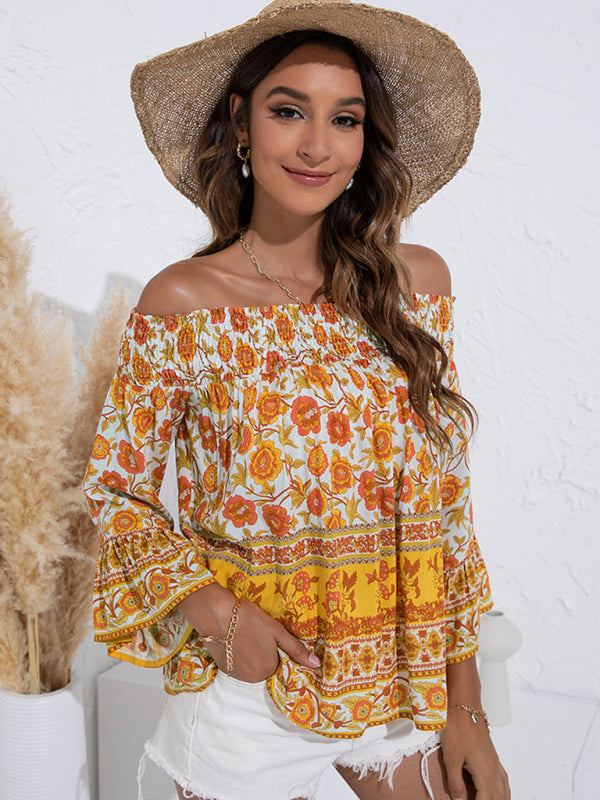 Women's One Shoulder  Floral Flared Sleeve Top