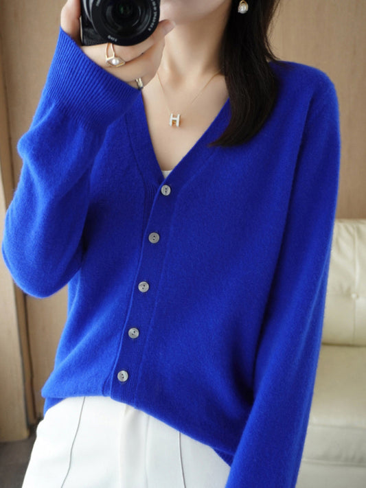 V-neck solid color short knitted cardigan coat sweater