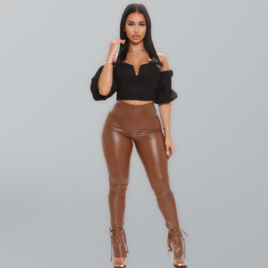 Skinny High Elastic Bandage Micro Flared Side Slit PU Leather Pants