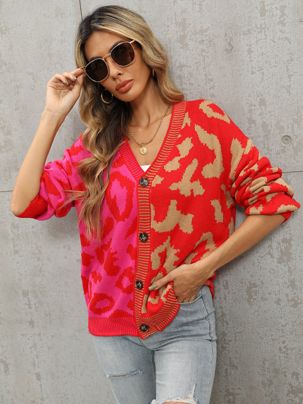 Single Breasted Street Panel Leopard Print Oversized Knit Cardigan Sweater