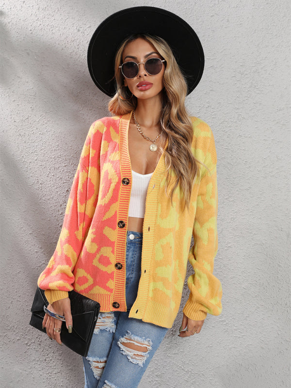 Single Breasted Street Panel Leopard Print Oversized Knit Cardigan Sweater