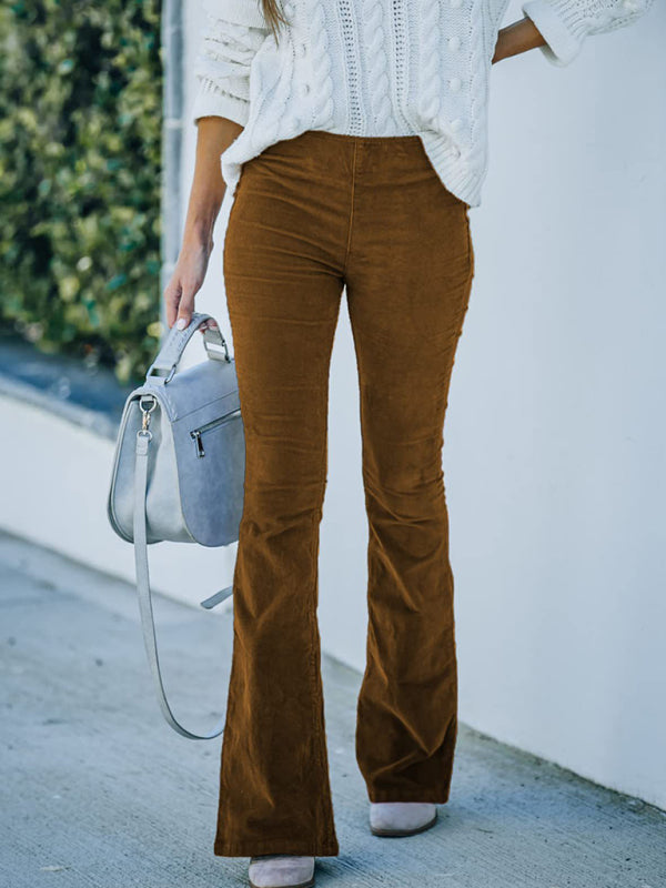 Solid Color High Waist Slim Flared Pants Corduroy Elastic Waist Casual Pants