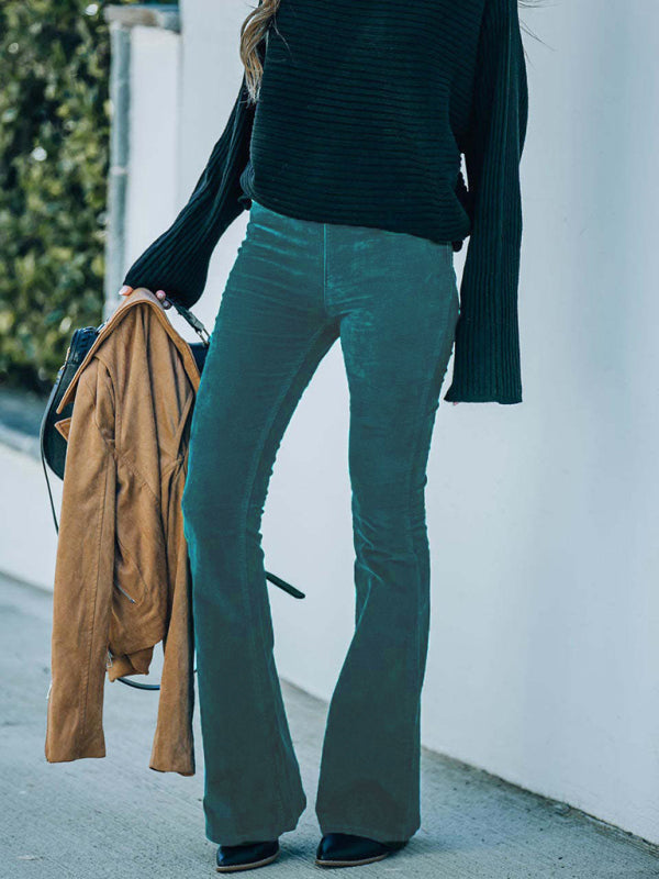 Solid Color High Waist Slim Flared Pants Corduroy Elastic Waist Casual Pants