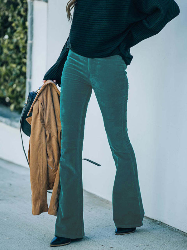 Solid Color High Waist Slim Flared Pants Corduroy Elastic Waist Casual Pants
