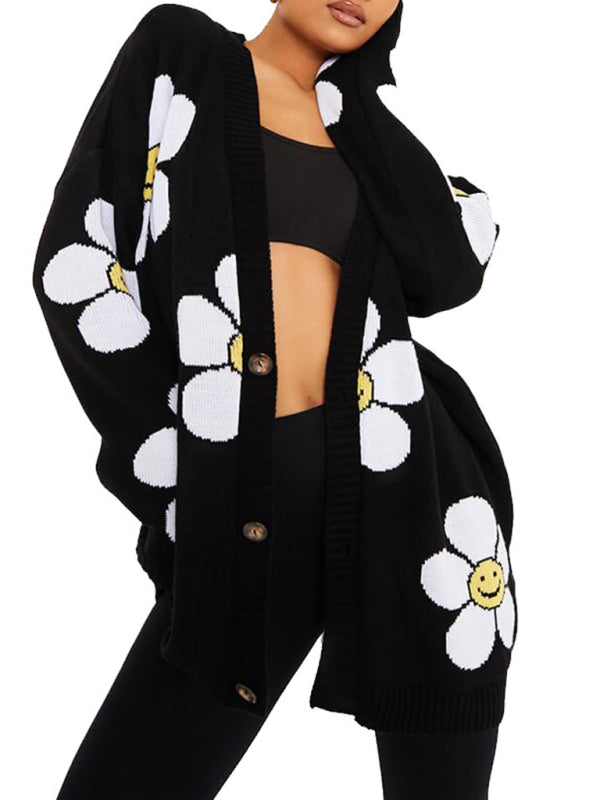 Love flower mid-length V-neck jacket loose casual knitted cardigan