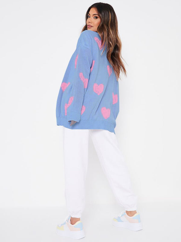 Love flower mid-length V-neck jacket loose casual knitted cardigan