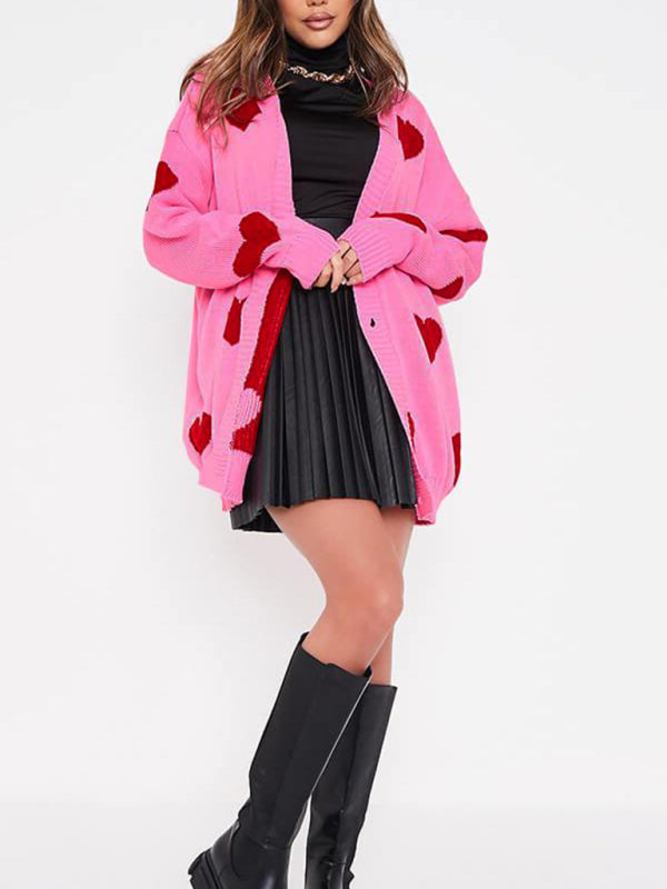 Love flower mid-length V-neck jacket loose casual knitted cardigan