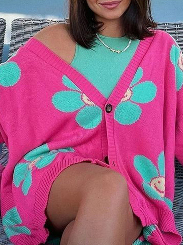 Love flower mid-length V-neck jacket loose casual knitted cardigan